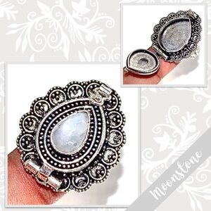 Rainbow Moonstone Large Silver Artisan Poison Ring, 8.5 (Pale Blue-Violet flash)